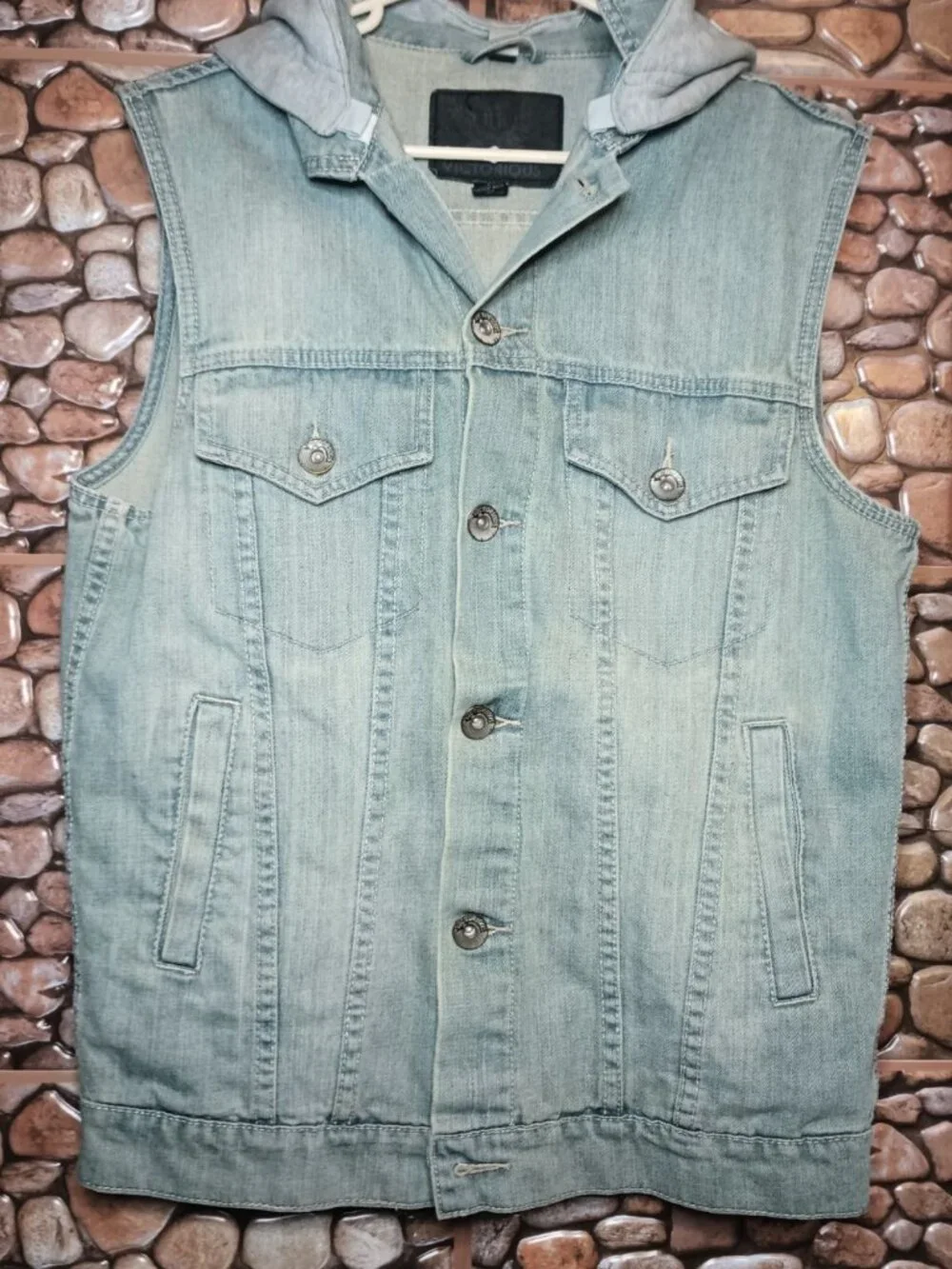 Sleeveless Denim Vest Detachable Hood Stone Wash Blue & Gray Size M Grunge - Picture 6 of 16